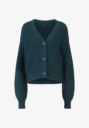 Tealfarbene, kürzere Strickjacke mit gerippter Struktur, V-Ausschnitt und langen Ärmeln, ausgestattet mit vier blauen Knöpfen an der Vorderseite.