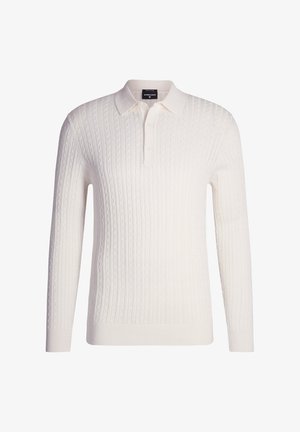 Maglione bianco lavorato a maglia con maniche lunghe, colletto e un motivo a cavo strutturato su tutta la superficie.