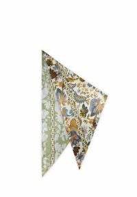 Foulard en tissu à motifs floraux vert et crème, ornée d'accents bleus et dorés complexes, avec une finition texturée et une forme pointue.