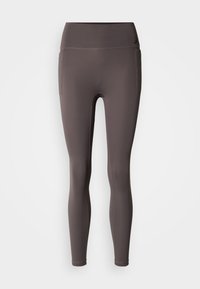 Leggings cinzentas elásticas com uma cintura alta, apresentando uma textura lisa e bolsos laterais. Sem logótipos ou padrões visíveis.