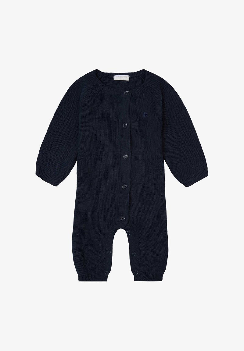 Marineblå strikket romper med lange ærmer, forsideknapper, ribbede manchetter og en lille logo detalje på brystet. Blød tekstur, hel-længde design.