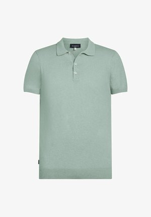 Polo vert clair à manches courtes avec col et patte de boutonnage à trois boutons, taille moyenne, ourlet et bords des manches côtelés.