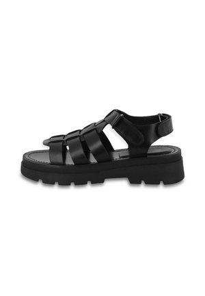 Black leather sandals with a chunky sole, featuring wide straps and an adjustable ankle strap. Smooth texture and minimal detailing.