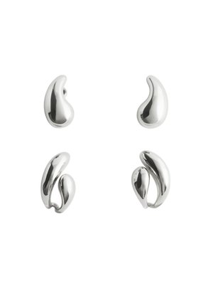 Four polished silver abstract-shaped earrings with smooth, curved, organic forms on a white background.