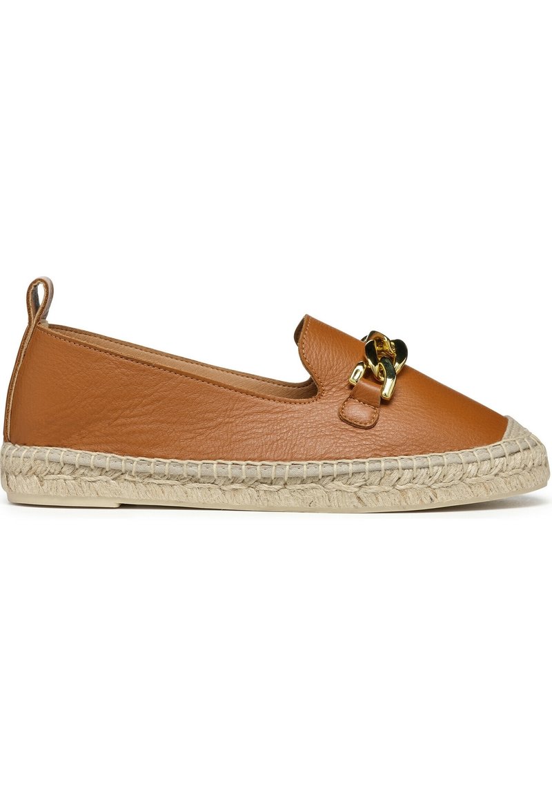 Brown leather espadrille with a woven jute sole, featuring a gold-tone hardware detail on the toe and a back pull tab for easy wear.