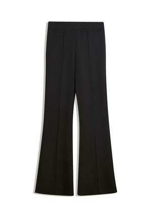 Pantalons évasés noirs en tissu doux, dotés d'une taille lisse et de coutures verticales proéminentes pour un détail supplémentaire.