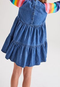 Abito in denim con design a strati, caratterizzato da maniche lunghe a righe colorate, scollo rotondo e bottoni sulla schiena. Tessuto morbido, vestibilità casual.