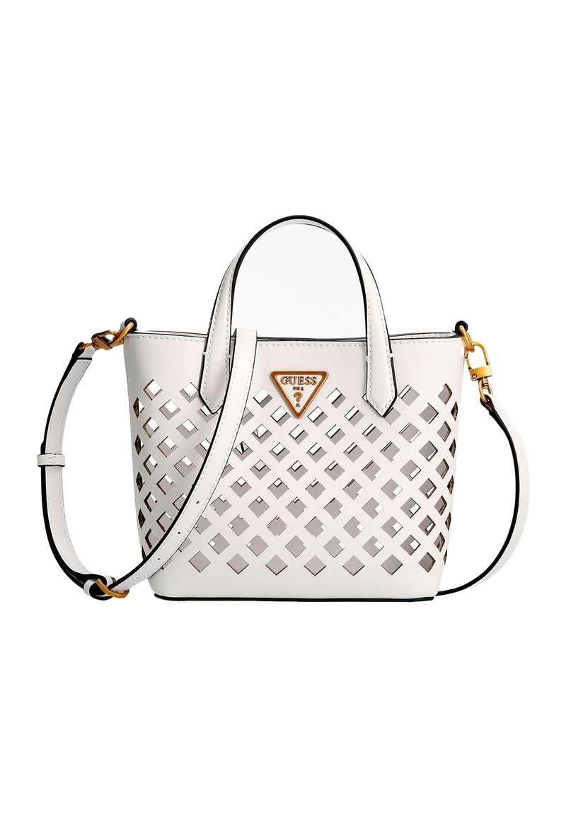 Biała torebka z faux skóry z ciętym wzorem diamentowym, dwiema górnymi rączkami, odczepianym paskiem na ramię i złotymi akcentami.