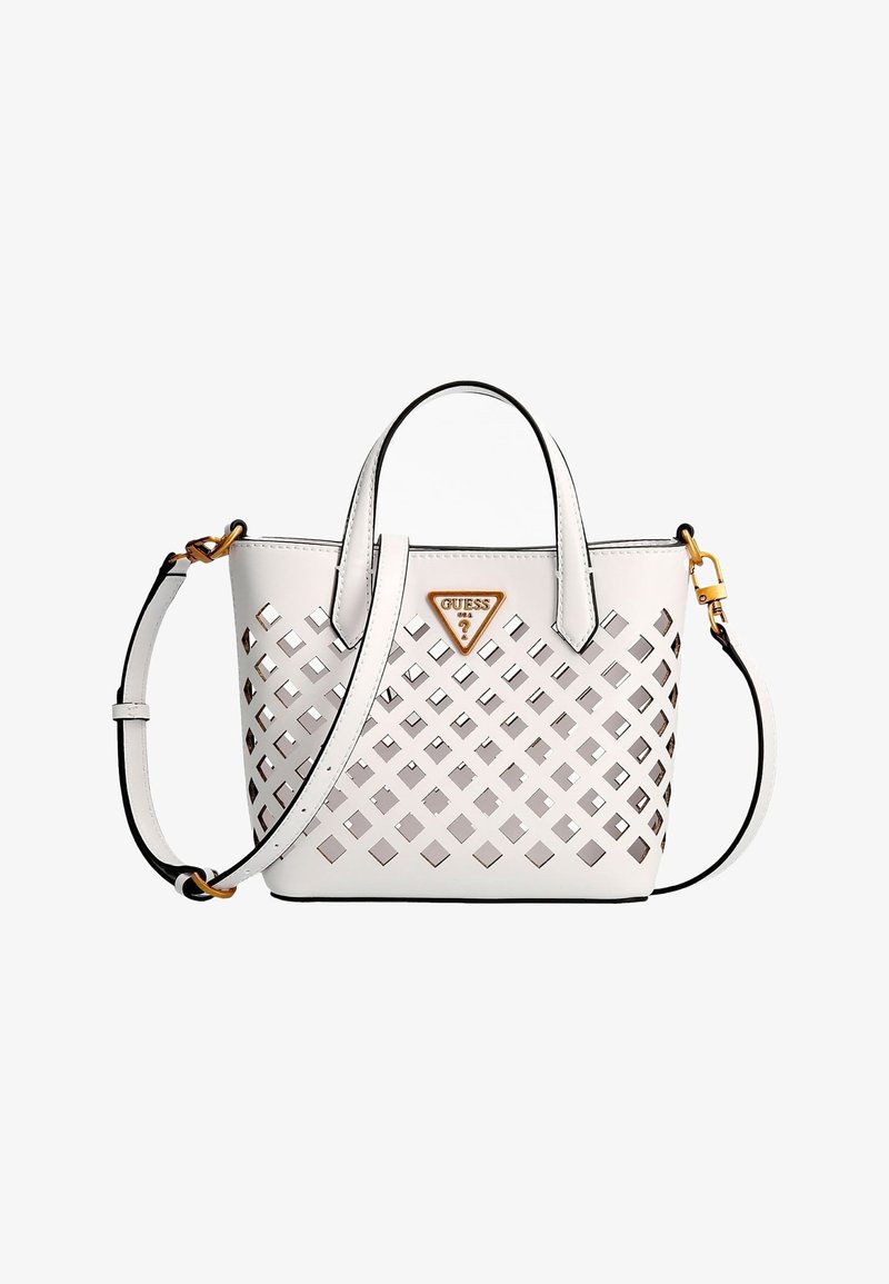 Biała torebka z faux skóry z ciętym wzorem diamentowym, dwiema górnymi rączkami, odczepianym paskiem na ramię i złotymi akcentami.