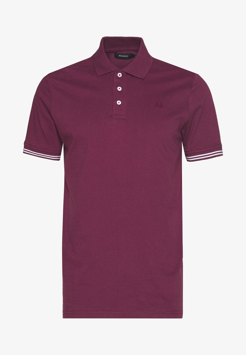 Polo à manches courtes bordeaux avec trois boutons blancs, bords de manches rayés et petit logo brodé sur la poitrine.