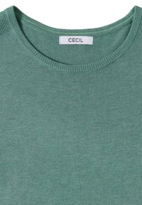 Pull à col rond en tricot vert avec une étiquette blanche cousue à l'intérieur du col portant le nom de la marque "CECIL."