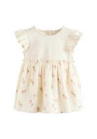 Robe beige clair avec des manches volantées, taille froncée et motif floral brodé de couleur rouille sur une jupe évasée.