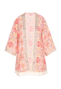 Kerged kimono roosas, millel on keerukad lillemustrid, franjeots ja metallilised aktsendid. Avatud eesmine osa ja laiad varrukad suurendavad õhu liikumist.