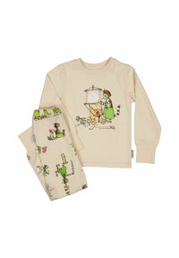 Lasten beiget pyjama-setti, jossa on sarjakuvakissa vihreässä mekossa rakentamassa puuleluautoa, ja housuissa on useita kissan- ja eläinkuvastoja.