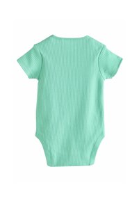 Mintgrön kortärmad bodysuit med ribbad textur och en omslagshalsringning. Har tryckknappar i botten för enkel påklädning.