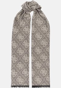 Gemusterter Schal in Grau und Beige, mit geometrischen Designs. Das Material hat eine strukturierte Oberfläche mit fransigen Kanten.
