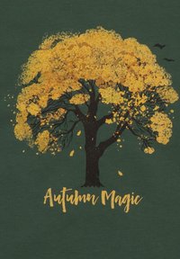 Grüner Stoff mit einer schwarzen Silhouette eines Baumes, der mit gelben Blättern bespritzt ist. Darunter steht in einer geschwungenen Schrift "Herbstzauber".