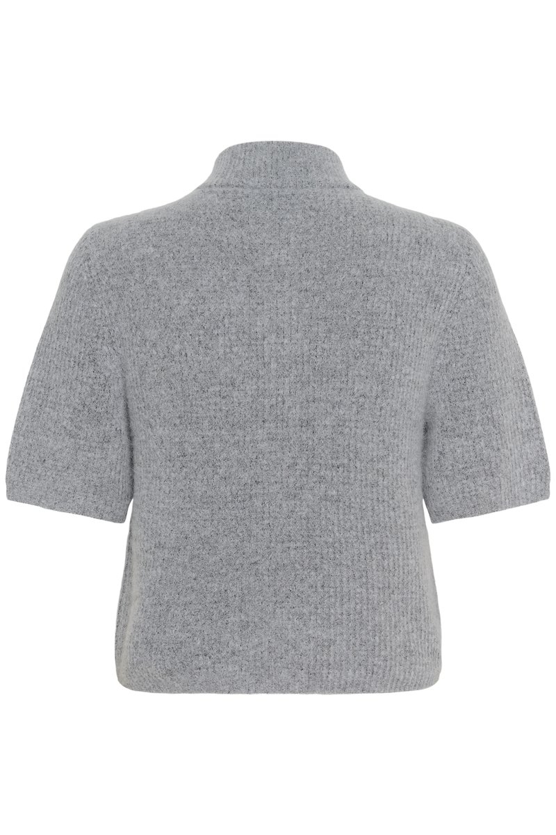 Light gray short-sleeve sweater made from textured knit fabric with a high neckline and relaxed fit, featuring a ribbed pattern.