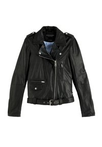 Czarna skórzana kurtka motocyklowa z zapięciem na zamek, naramiennikami, wieloma kieszeniami i paskiem w talii. Wnętrze ma niebieską, paskową podszewkę.