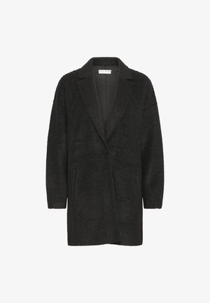 Svart, texturerad lång kappa med notchad krage, nedfallande axlar och två framfickor. Öppen design, mjukt material och längd till mitten av låret.