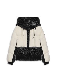 Kurtka puchowa z czarnym, błyszczącym przodem, rękawami i kapturem; korpus w kolorze kremowym, puszysty; posiada zamek i zatrzask.