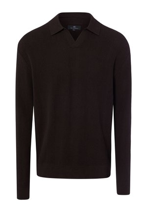 Schwarzer langärmeliger Strickpullover mit kleinem Kragen und V-Ausschnitt, auf weißem Hintergrund dargestellt.