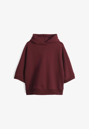 Bordeauxfarbener Kapuzenpullover, kurze Ärmel, weicher Stoff, gerippter Saum und Bündchen, entspannte Passform. Keine sichtbaren Logos oder Muster.