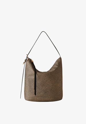 Borsa a secchiello marrone con texture, dotata di tracolla nera regolabile e lunga cerniera nera con cursore.