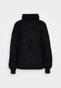 Zwarte chunky gebreide coltrui met verlaagde schouders en lange ballonmouwen op een effen achtergrond.