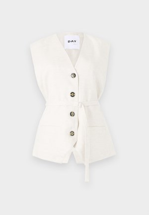 White sleeveless vest with a deep V-neck, four buttons, a waist tie, and two front pockets. Textured fabric with a subtle pattern detail.