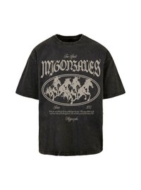 Schwarzes, übergroßes Baumwoll-T-Shirt mit rundem Halsausschnitt. Mit einem großen Grafikdesign von galoppierenden Pferden in einem hellgrauen Oval, mit Text darüber und darunter.
