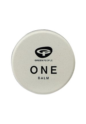 Runder, beiger Deckel mit dem Text "Green People ONE Balm" und schwarzem Logo auf der Oberseite, Verpackung für ein Hautpflegeprodukt.