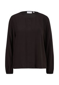 Black long-sleeve top made of smooth fabric. Features a round neckline and subtle front seam detailing. Elastic cuffs at the sleeves.