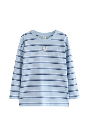 Lyseblå langærmet skjorte med marineblå og hvide vandrette striber, med en lille hvid bjørn broderet på brystet.