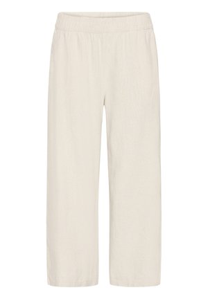 Pantalones holgados de lino beige con pierna ancha, cintura elástica, largo hasta el tobillo, sin bolsillos ni adornos.