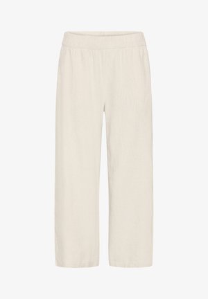 Pantaloni beige in lino, ampi e a gamba larga, con vita elasticizzata, lunghezza alla caviglia, senza tasche né decorazioni.