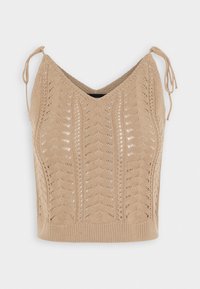 Brede beige tanktop met een V-hals en verstelbare strikbandjes. Kenmerkt zich door een opengewerkt patroon en een getailleerde vorm met geribbelde zoomtextuur.