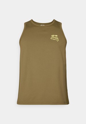 Olive green tank top made from a smooth, stretch fabric. Features a rounded neck and a yellow graphic logo on the left chest area.