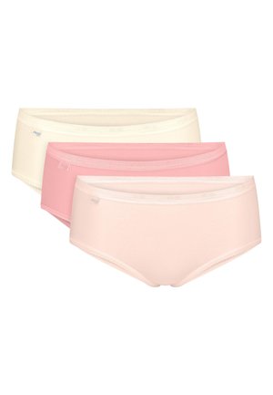 Drei Hipster-Unterhosen für Damen in Creme-, Pink- und Hellpfirsichfarben, gestapelt vor weißem Hintergrund angeordnet.