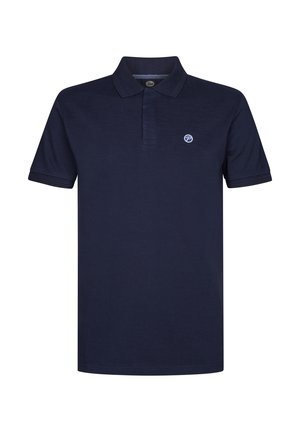 Navy blue polo shirt made of cotton, featuring a collared neck, three-button placket, and a small circular logo on the chest.