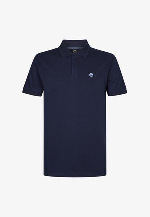 Marineblaues Poloshirt aus Baumwolle, mit einem Kragen, drei Knöpfen und einem kleinen runden Logo auf der Brust.