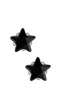 Zwarte stervormige oorbellen met een glanzende afwerking, voorzien van zilverkleurige hardware en een facettenontwerp voor extra textuur en dimensie.