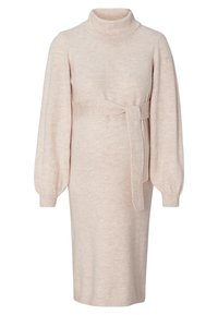 Gebreide jurk in lichtbeige met een hoge halslijn, lange pouf-mouwen en een tailleband. Heeft een zachte textuur en een aangesloten silhouet.