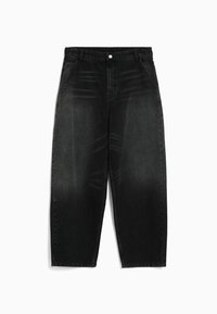 Svarta denimjeans med breda ben, hög midja, fem fickor och en urtvättad finish, med knapp- och gylfknäppning.