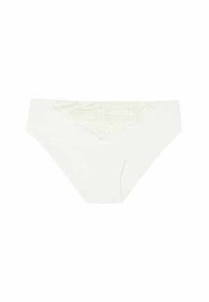 Witte string met een kantdetail aan de voorkant. Gemaakt van zachte stof, met een gladde afwerking en een klassieke, lage taille.
