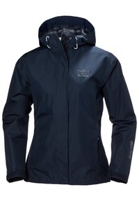 Navy waterproof jacket with a zippered front, adjustable hood, and velcro cuffs. Features logo embroidery and a sleek, functional design.