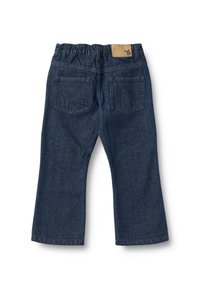 Jeans in denim blu scuro con cintura elasticizzata e una toppa quadrata sul retro. Presentano due tasche posteriori e un design a gamba svasata.