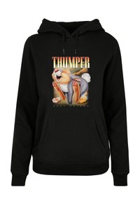 Svart hoodie med en färgglad grafisk bild av en kanin med texten "THUMPER" och "BÄSTA VÄN" nedanför, med en framficka och dragsko vid huvan.