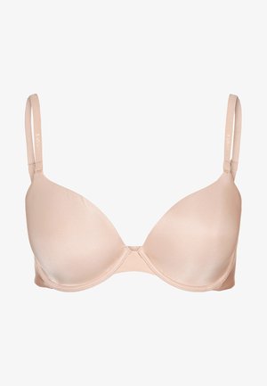 Podprsenka s vycpávkami v tělové barvě, vyrobená z hladkého, lesklého materiálu, s nastavitelnými ramínky a klasickým designem s kosticemi pro podporu.