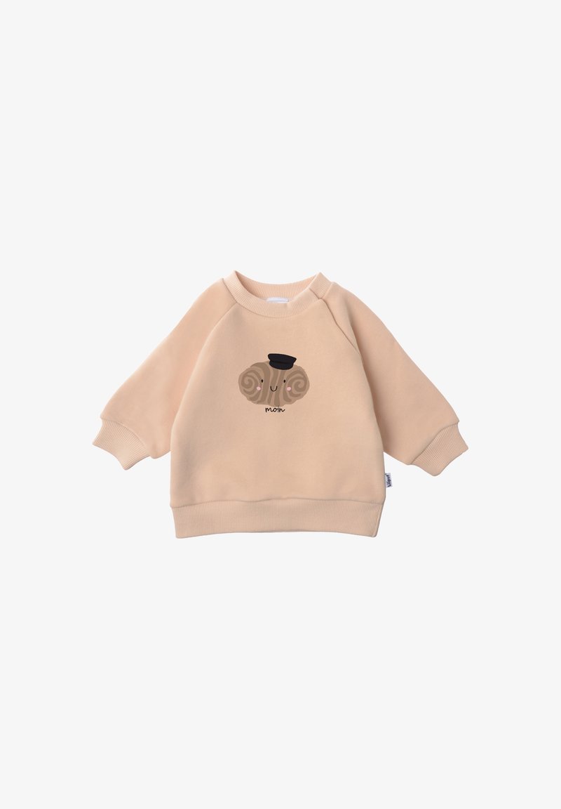Light beige pullover sweatshirt with oversized sleeves, featuring a cartoon sheep design on the front, and ribbed cuffs and hem.